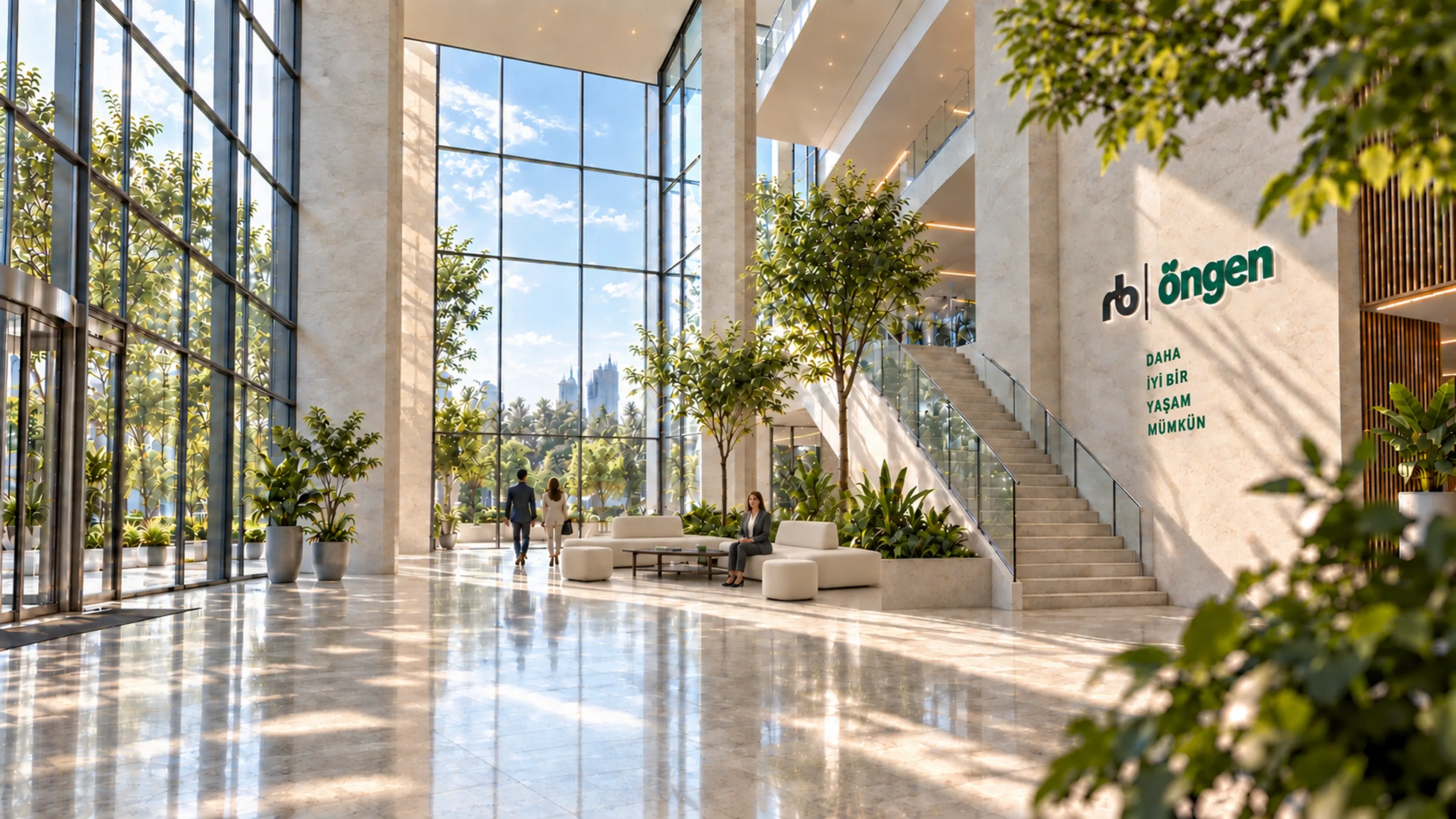 A bright, plant-filled building entrance with the Öngen logo and the words "A better life is possible" (visual concept).